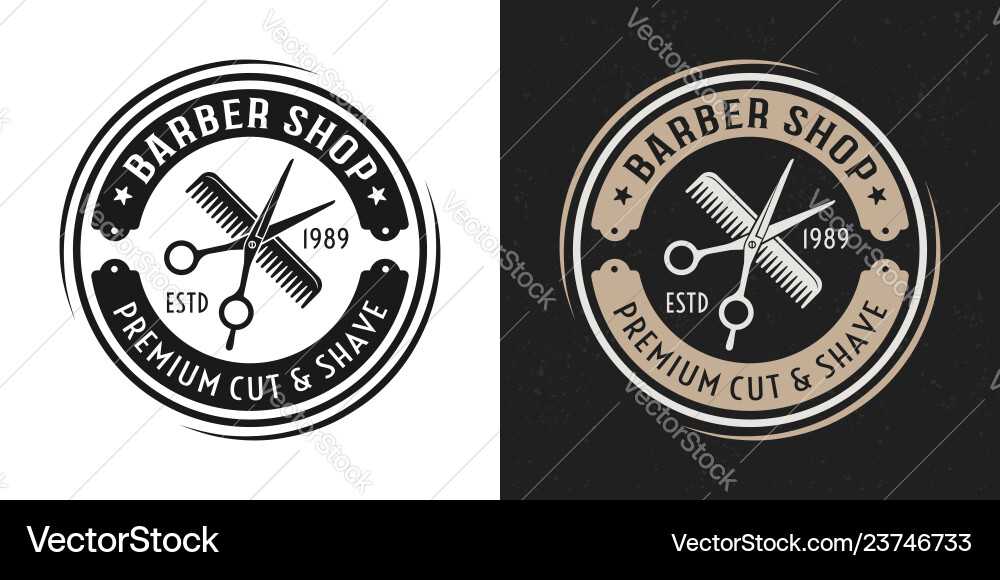 Scheren und Haarkämme Vintage Runde Badge Scheren und Haarkämme Vintage Runde Badge vektorbild