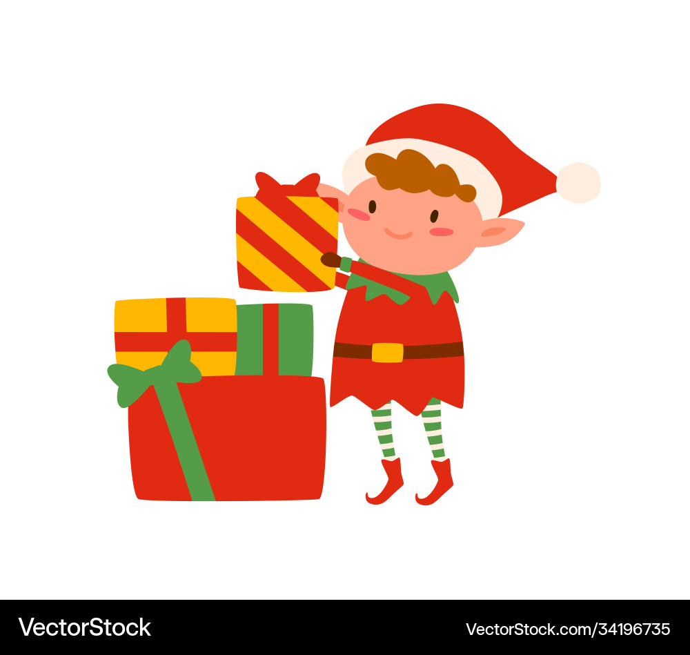 Cute Elf with Christmas Gift Stack Vector Image