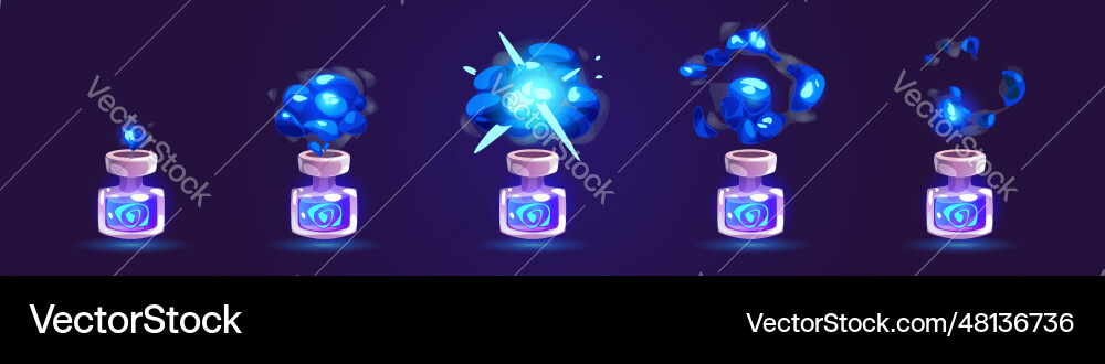 Blue game elixir bottle and cloud animation sprite Blue game elixir bottle and cloud animation sprite vector image