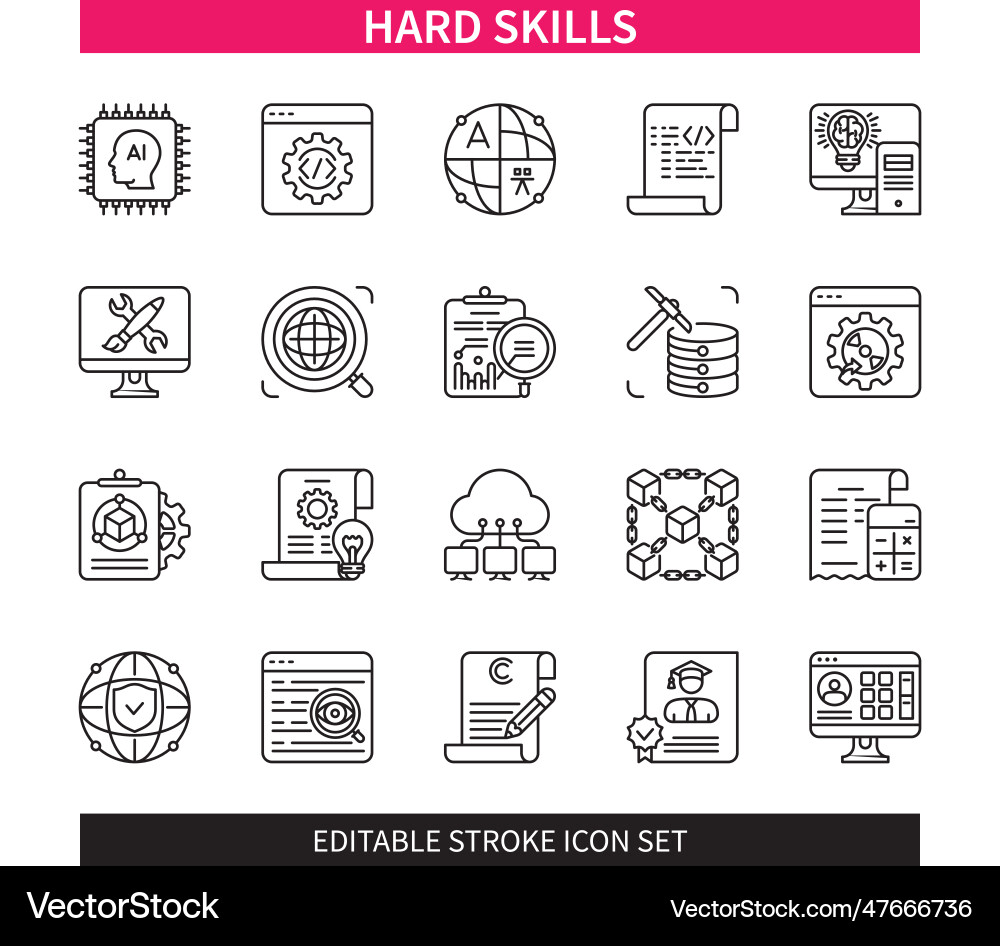 Hard skills editable stroke icon set vector image