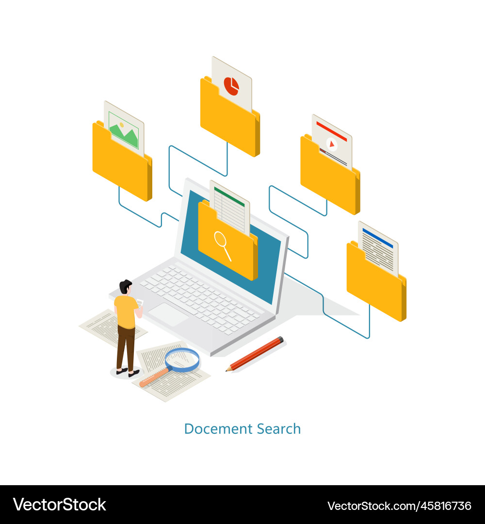 Isometric file search in database document flow Isometric file search in database document flow vector image