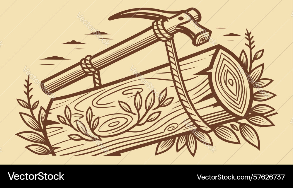 Rustic log with axe and chopping tools design Vector Image