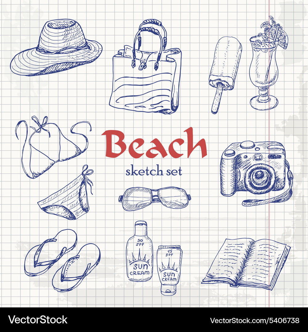 Collection of summer elements in sketch style Vector Image