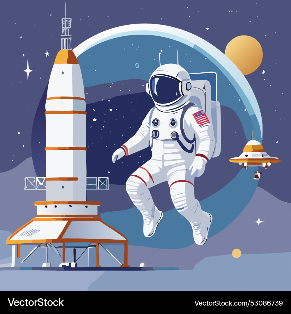 Astronaut in outer space with rocket shuttle Astronaut in outer space with rocket shuttle Vector Image