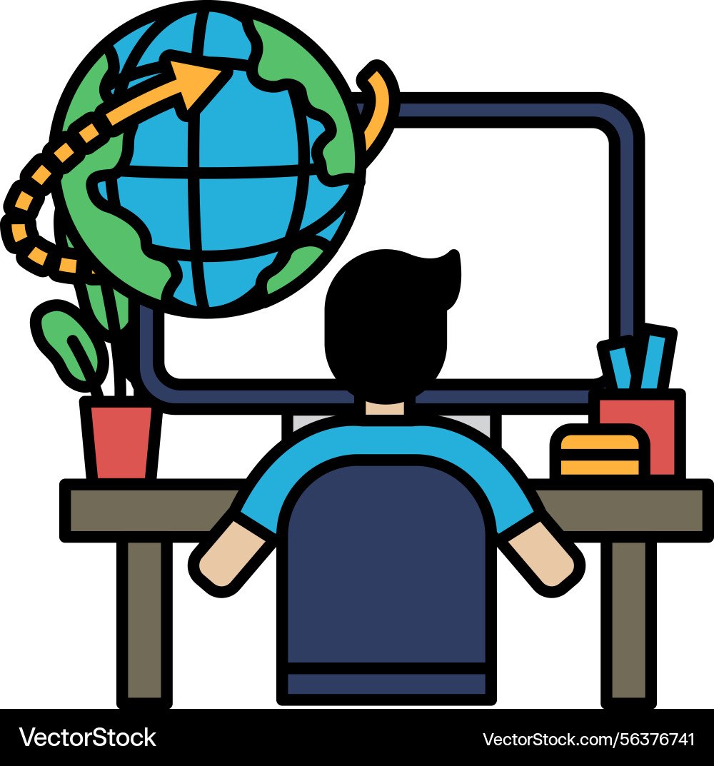 A man is sitting at desk with computer A man is sitting at desk with computer vector image