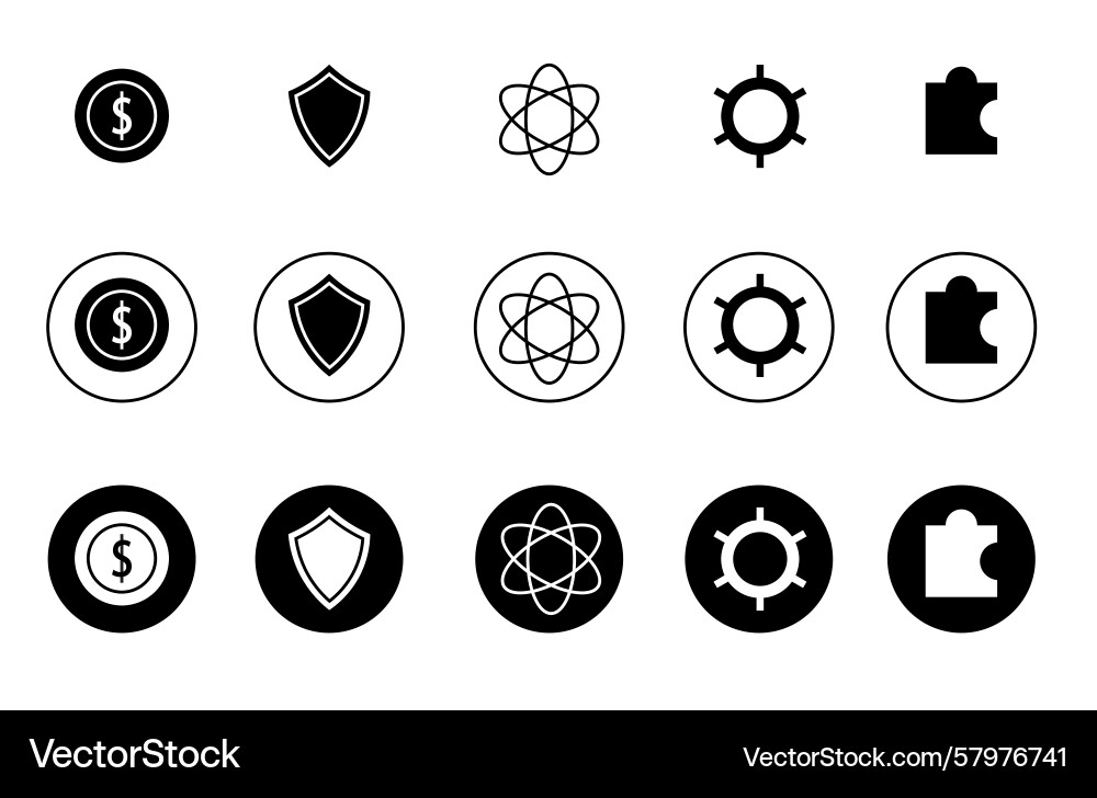 Coin atom shield setting and puzzle icons Vector Image