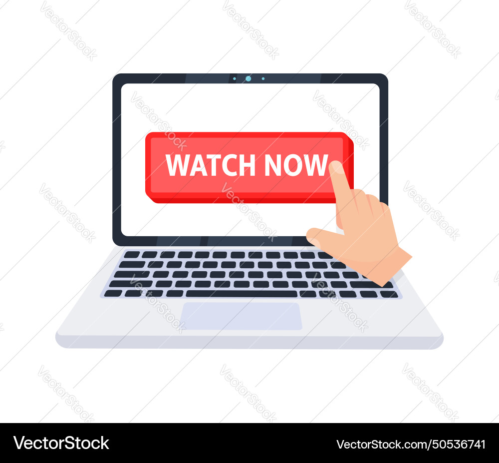 Hand pointer clicking on a watch now button Hand pointer clicking on a watch now button vector image