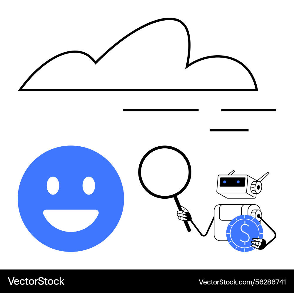 Robot analyzing data for finding solutions amid Robot analyzing data for finding solutions amid vector image