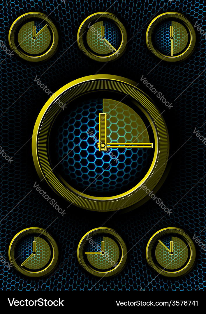 Set of clocks with hex background Vector Image