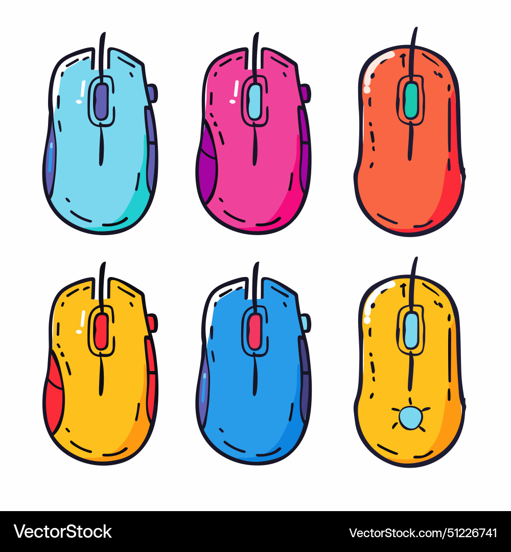 Six colorful computer mice arrayed two rows three Vector Image