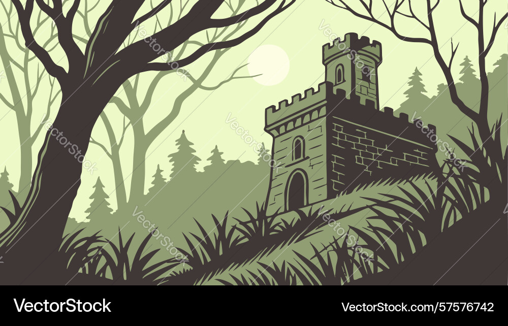 Rustic stone tower hidden deep within a tangled Vector Image