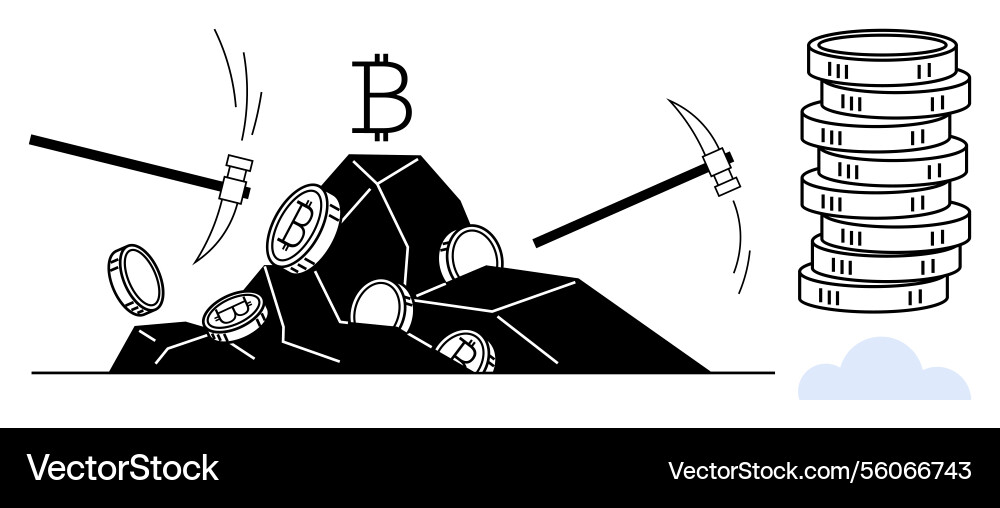 Digital currency mining with pickaxes extracting Digital currency mining with pickaxes extracting Vector Image