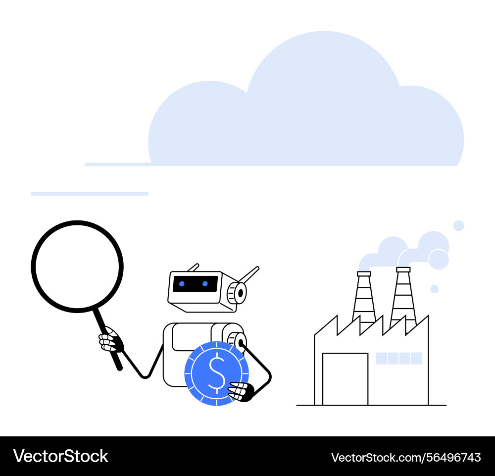 Robot analyzing factory operations with magnifying Robot analyzing factory operations with magnifying vector image