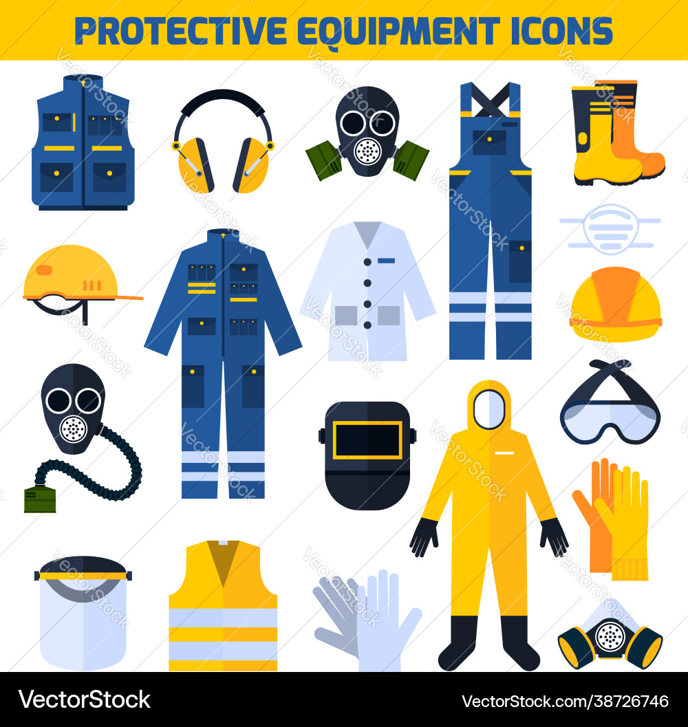 Schutzuniformen Ausrüstung flache Icons Set Schutzuniformen Ausrüstung flache Icons Set vektorbild