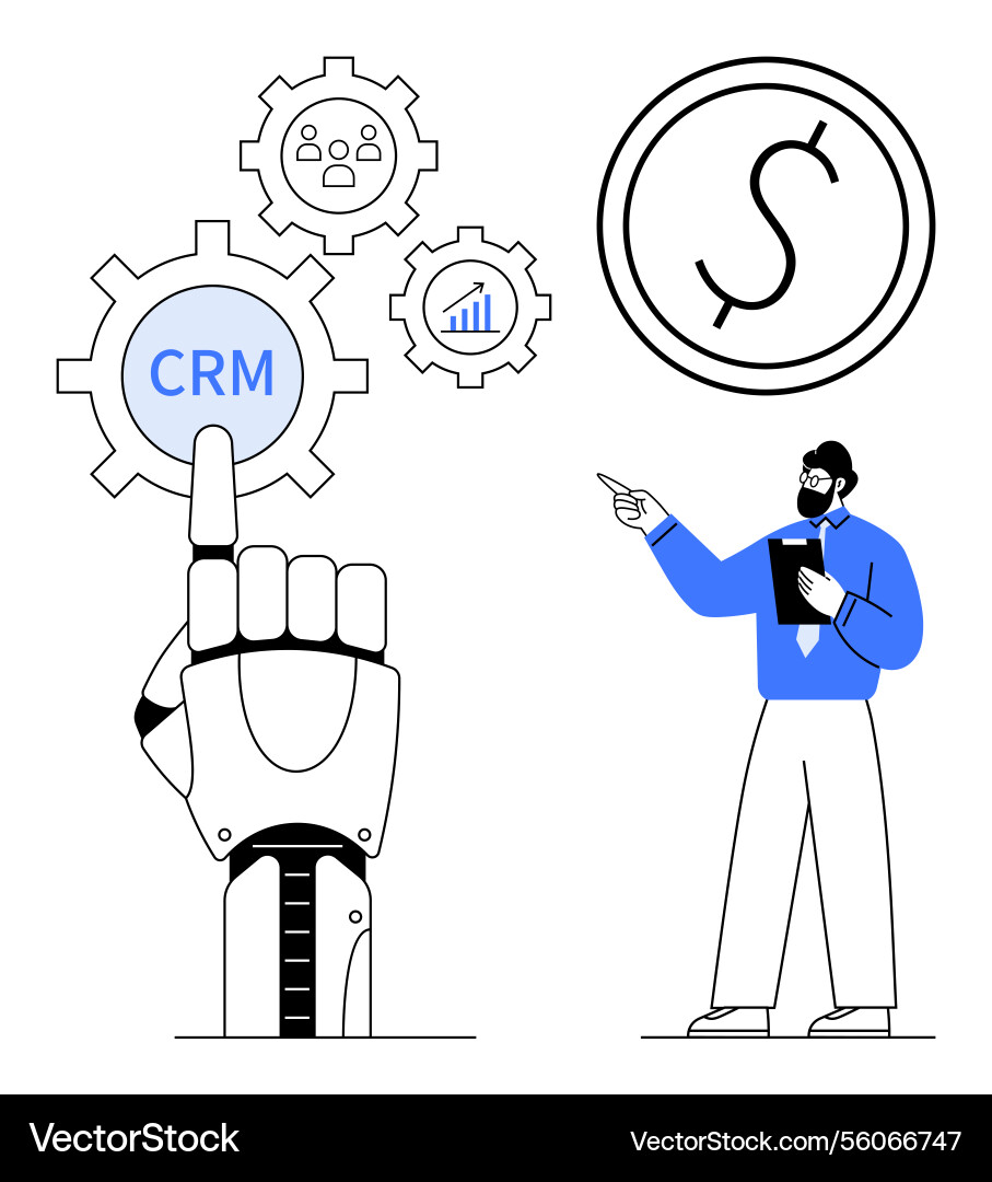 Robotic hand interacting with crm gears while Robotic hand interacting with crm gears while vector image