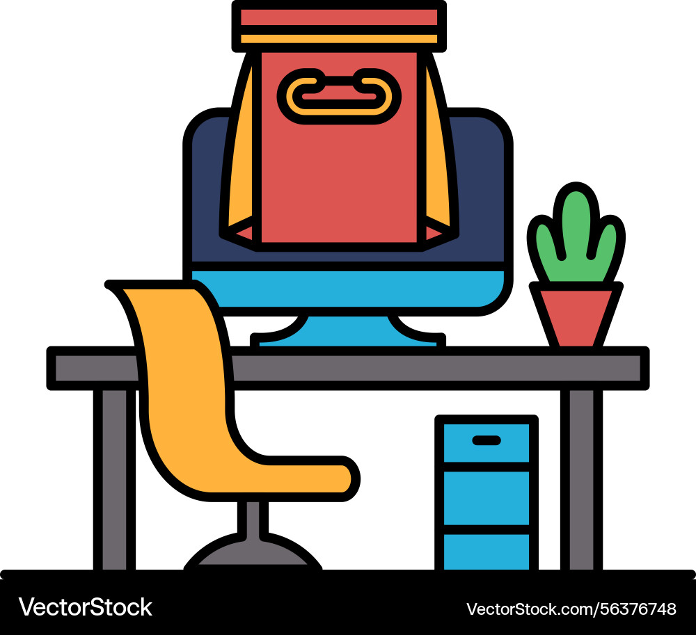 A computer monitor is on desk with red bag A computer monitor is on desk with red bag vector image