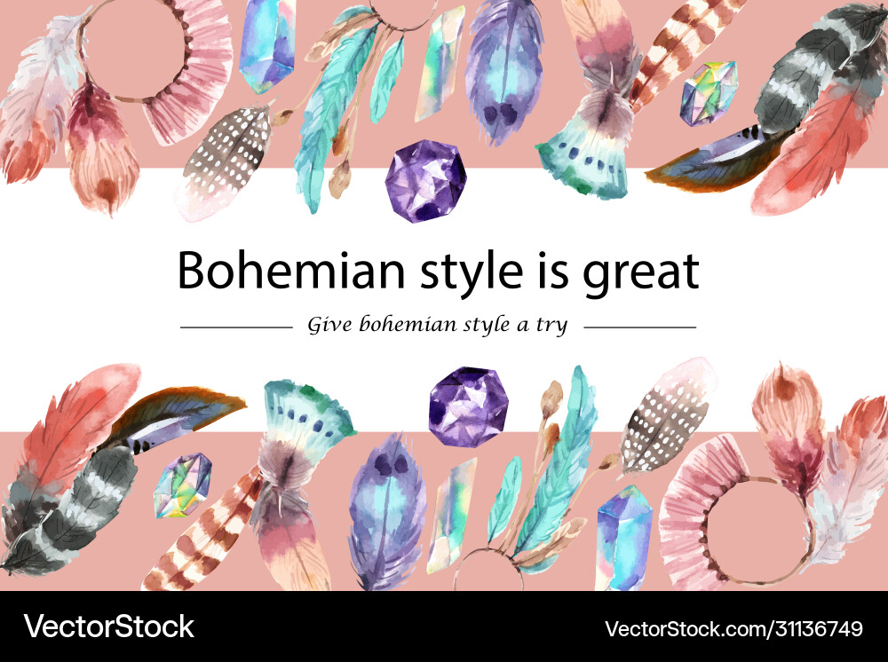 Bohemian frame design with feather crystal Vector Image