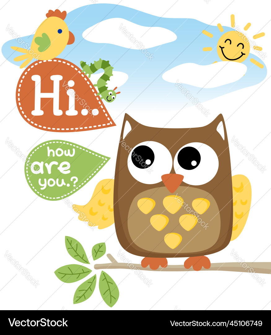 Cute Owl with Bird and Caterpillar vector image