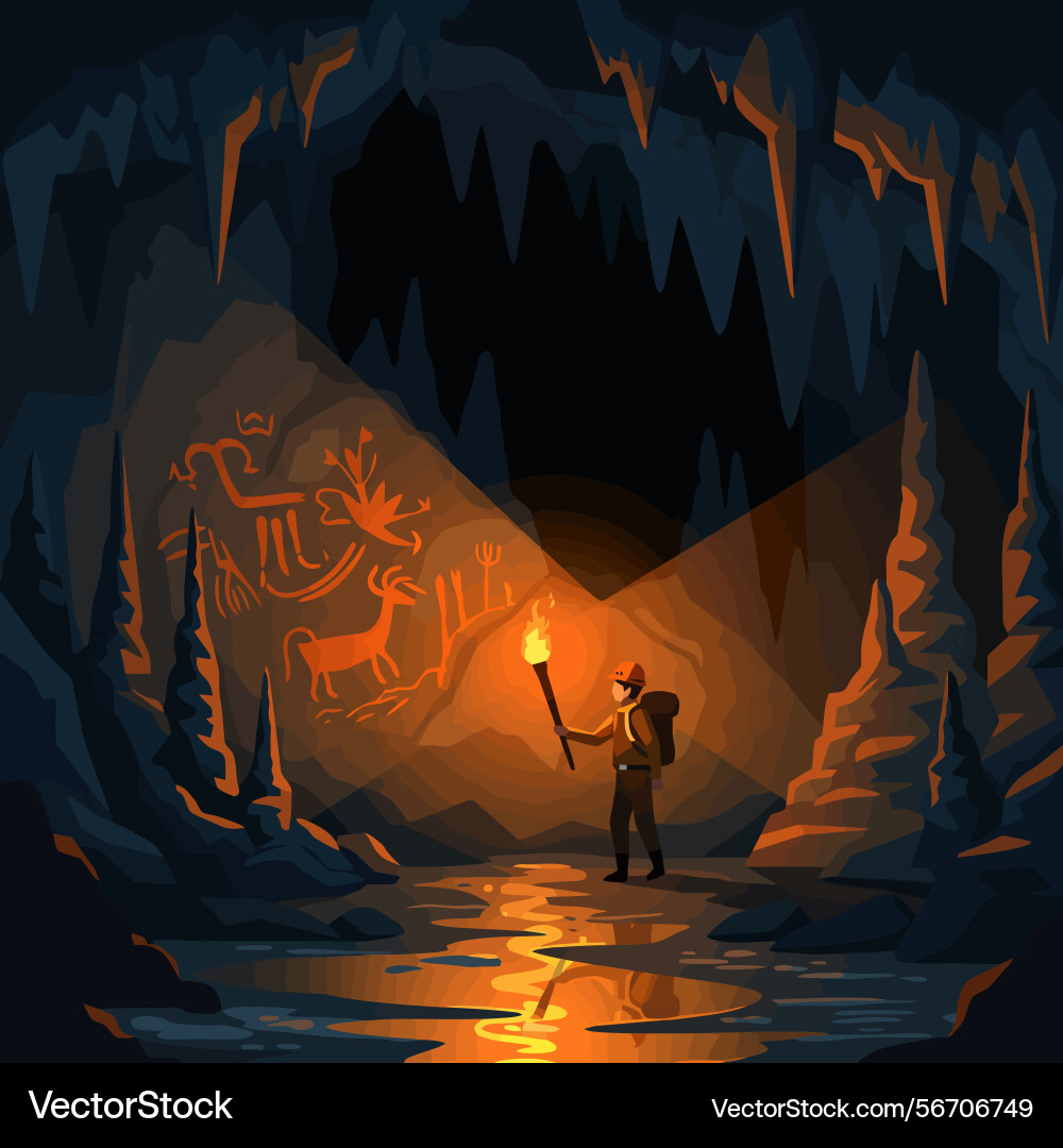 Exploring cave with torchlight revealing ancient Exploring cave with torchlight revealing ancient Vector Image