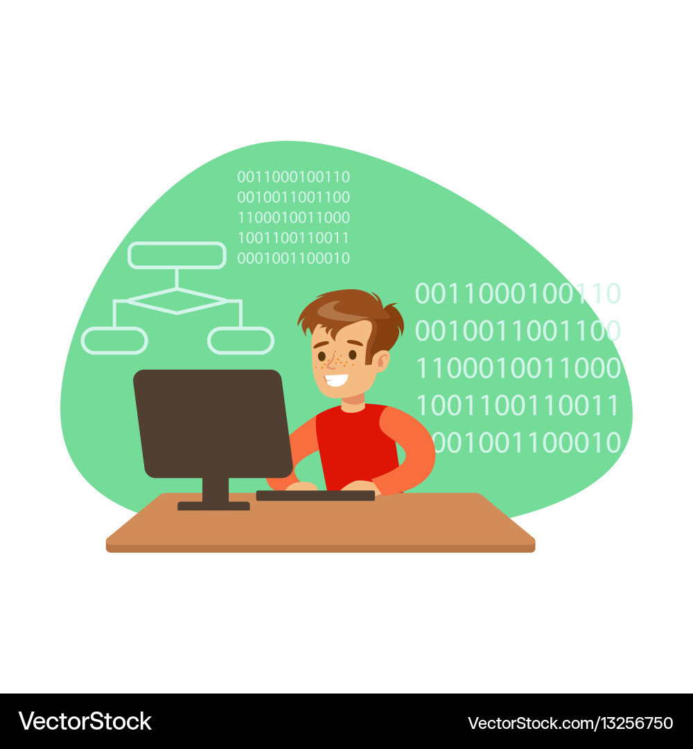 Junge Programmierer Kid Coding Science Vektorbild
