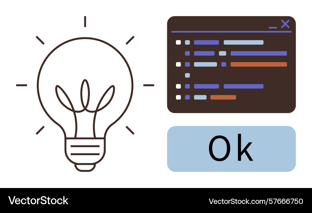 Light bulb coding interface and approval sign Light bulb coding interface and approval sign vector image