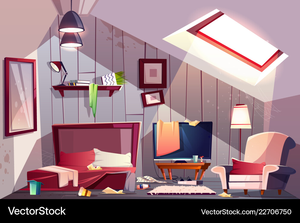 Messy garret bedroom cartoon vector image