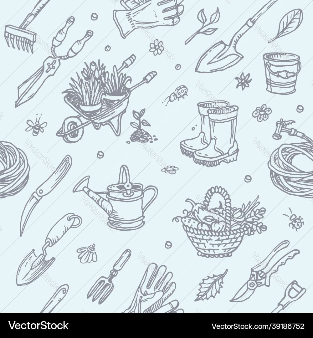 Big set of hand-drawn garden elements gardening Big set of hand-drawn garden elements gardening vector image