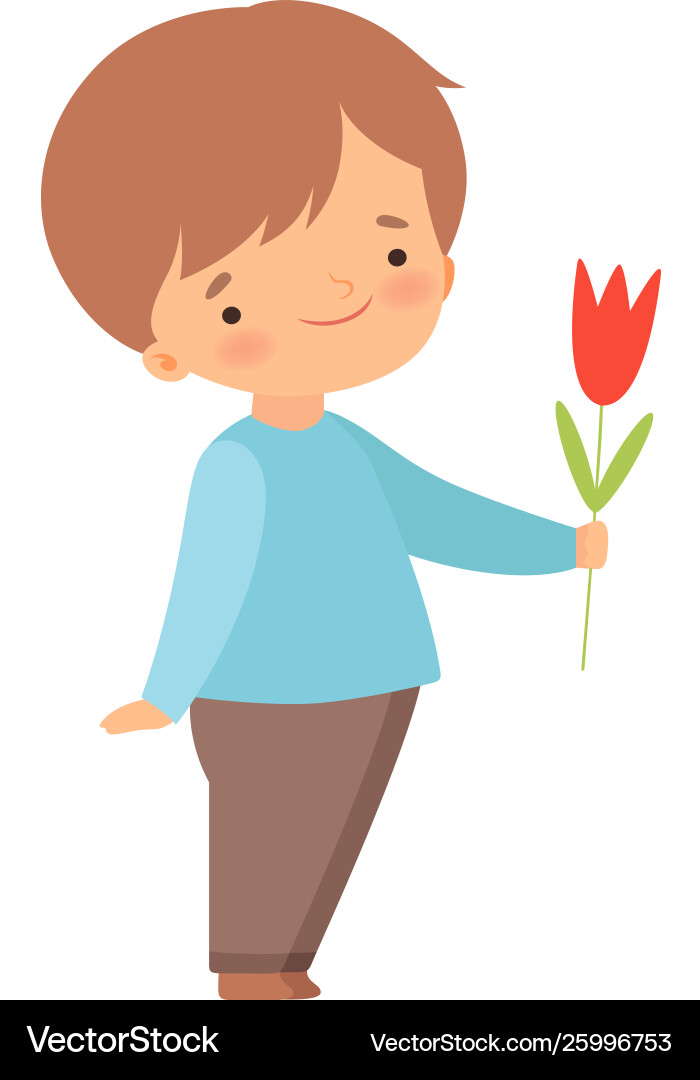 Adorable kleiner Junge geben rote Tulpe Blume Adorable kleiner Junge geben rote Tulpe Blume vektorbild