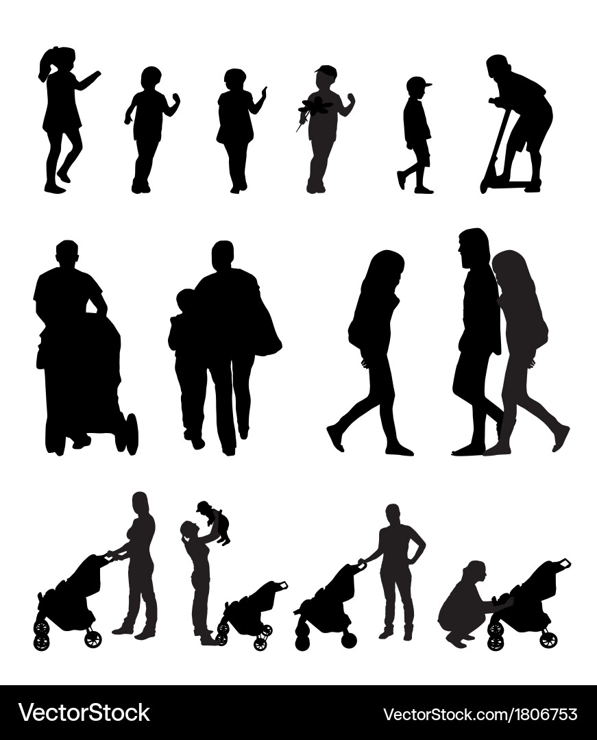 Family with Stroller - Silhouette vector image