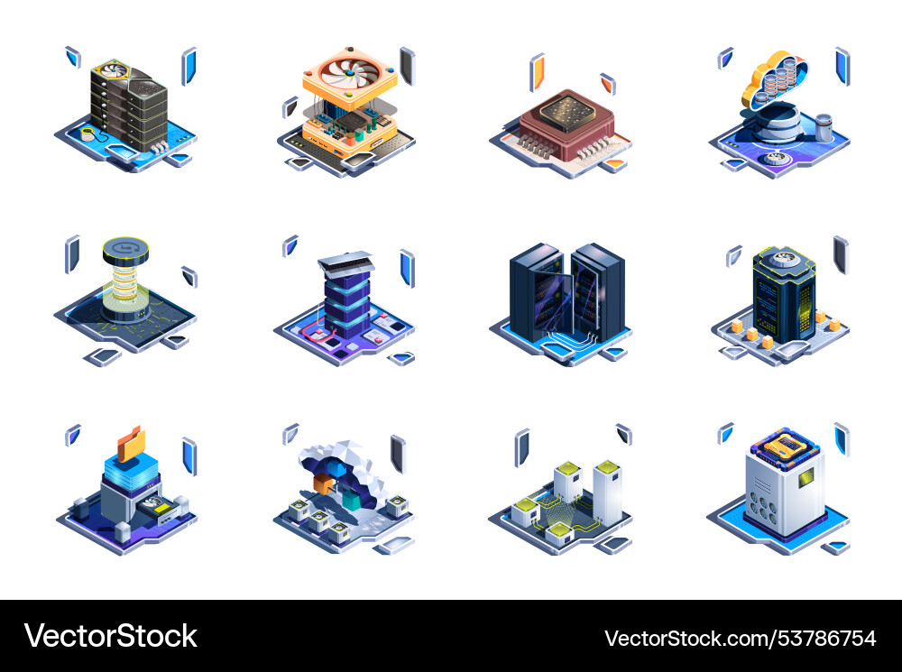 Data server web concept of 3d isometric icons set Data server web concept of 3d isometric icons set vector image