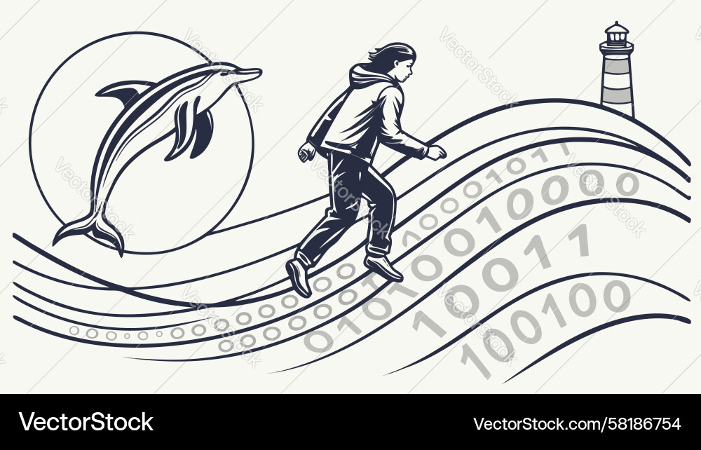 Runner with Dolphin & Binary Flow Vector Image