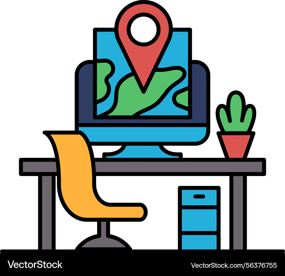 A computer monitor with map on it is desk Vector Image