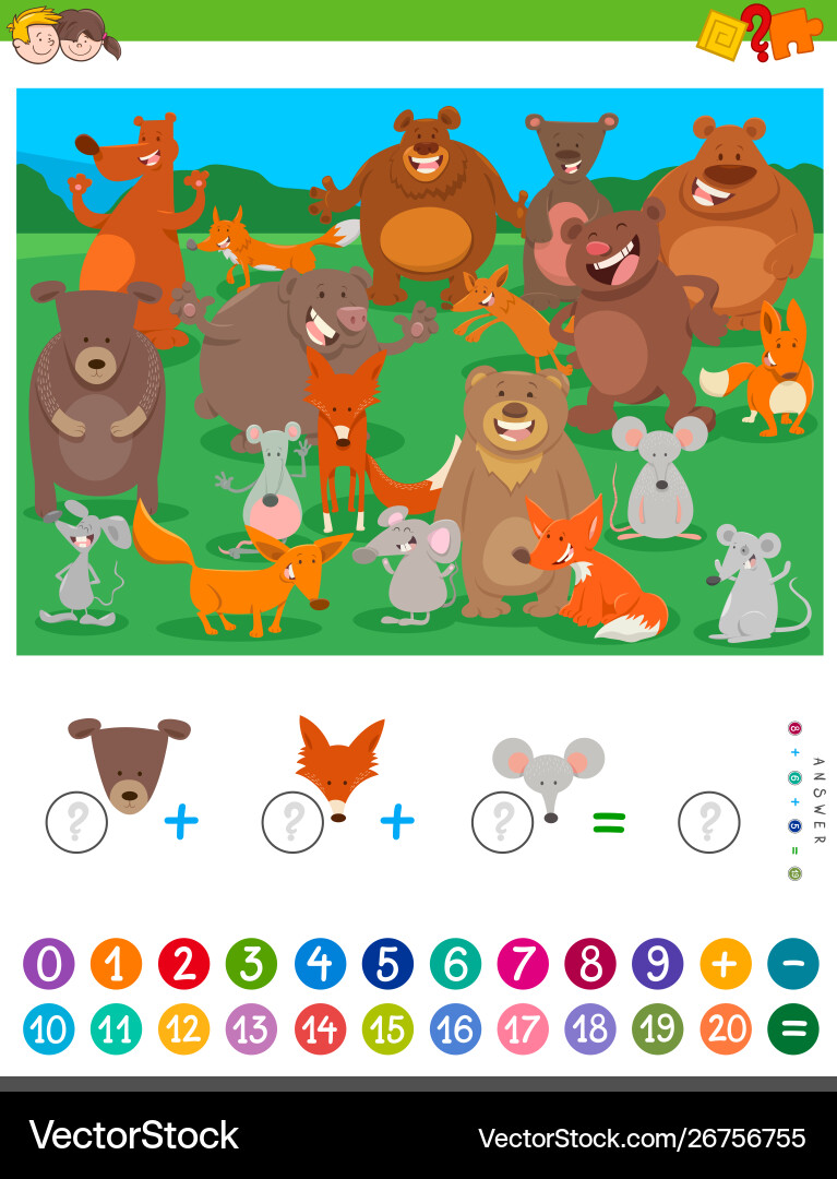 Counting and adding game with cartoon animals Counting and adding game with cartoon animals vector image