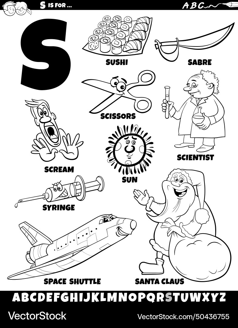 Letter s set with cartoon objects and characters Vector Image