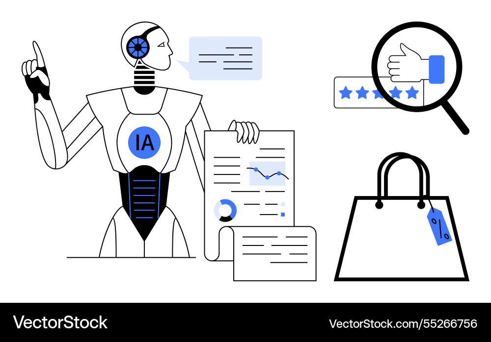 Robot analyzing data and customer reviews Robot analyzing data and customer reviews vector image