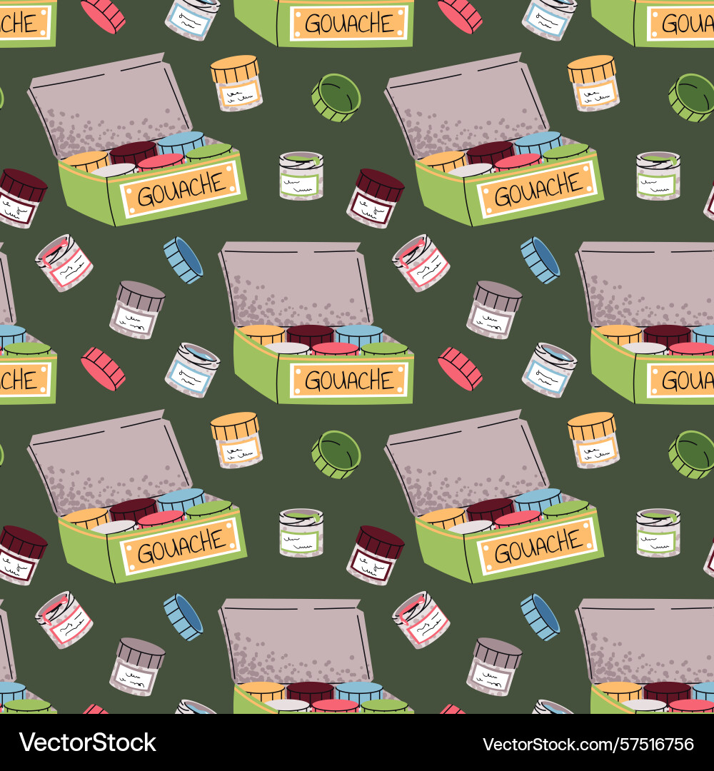 Seamless pattern with gouache jars and paint box Seamless pattern with gouache jars and paint box Vector Image