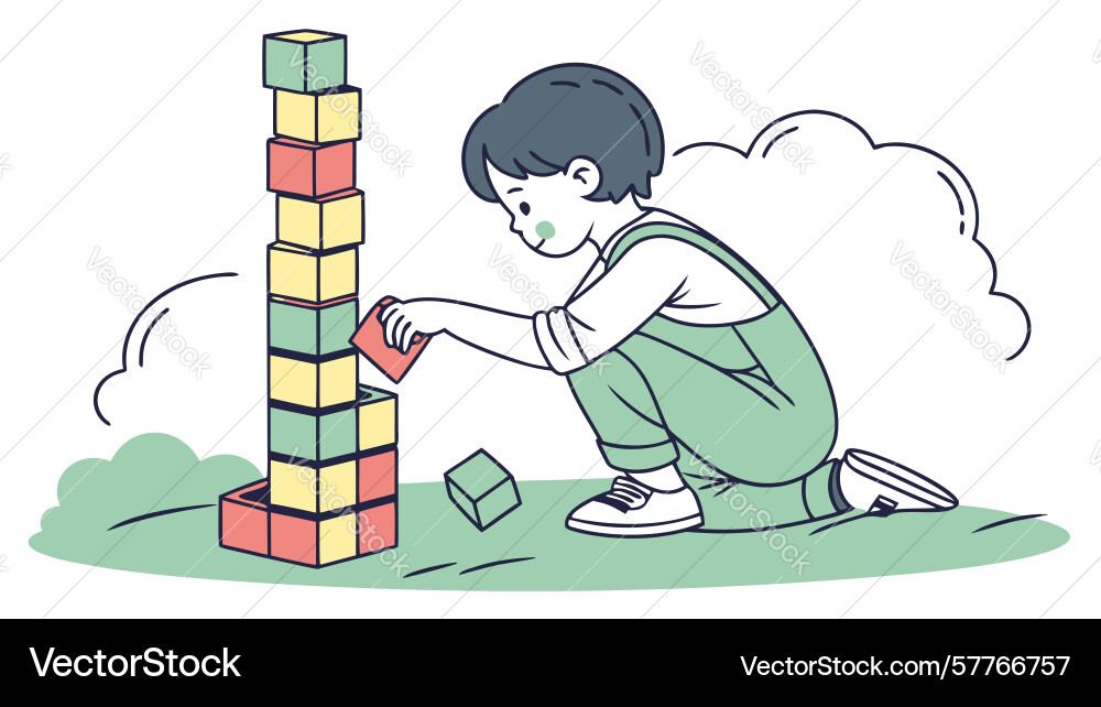 Boy building tall block tower design generative vector image
