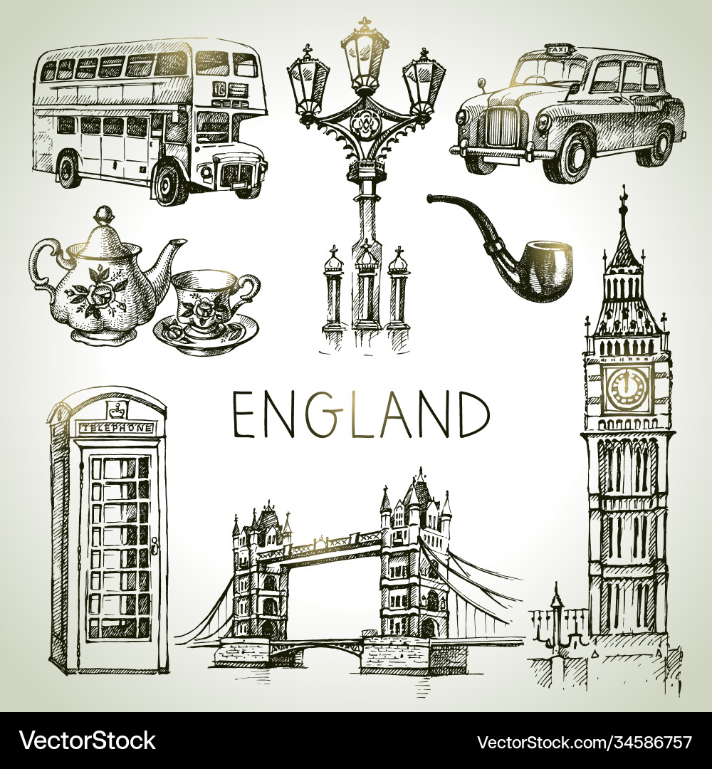 Hand gezeichnete Skizze england set schwarz und weiß Hand gezeichnete Skizze england set schwarz und weiß vektorbild