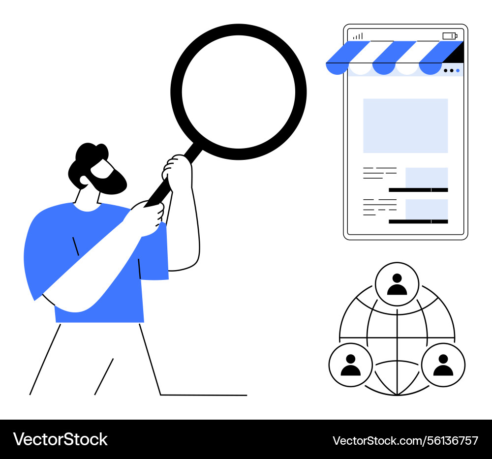 Man with magnifying glass analyzing website Man with magnifying glass analyzing website vector image