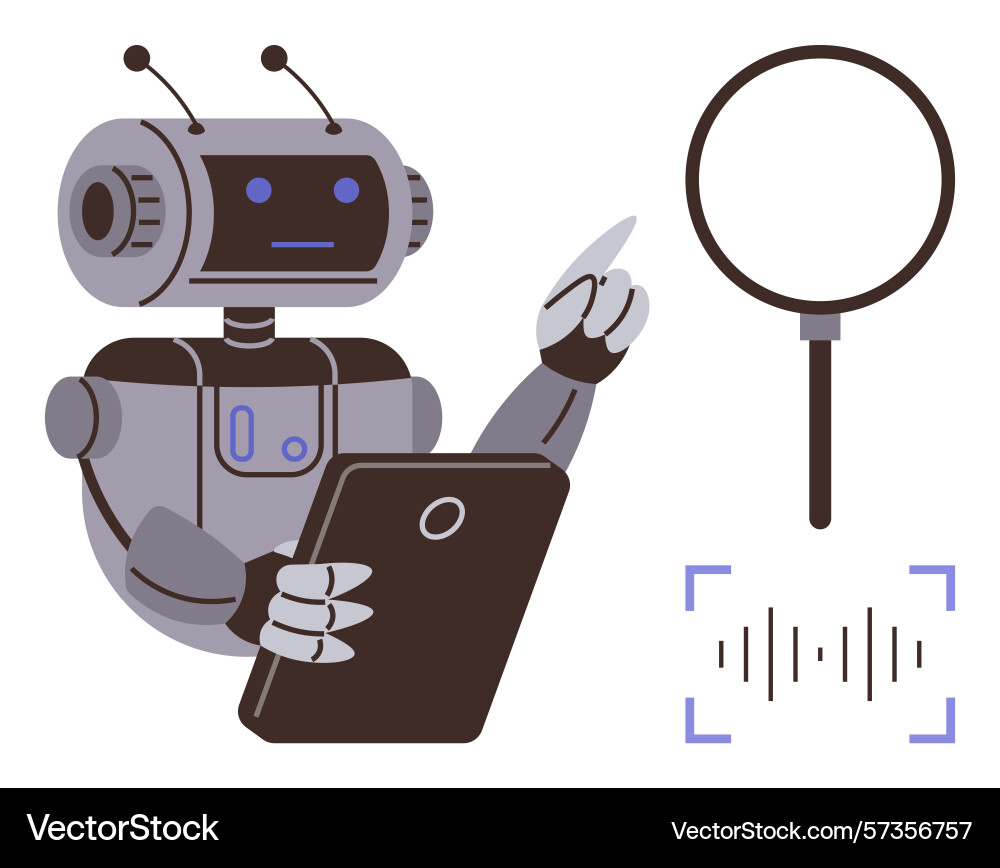 Robot using tablet to process data with magnifying Robot using tablet to process data with magnifying vector image