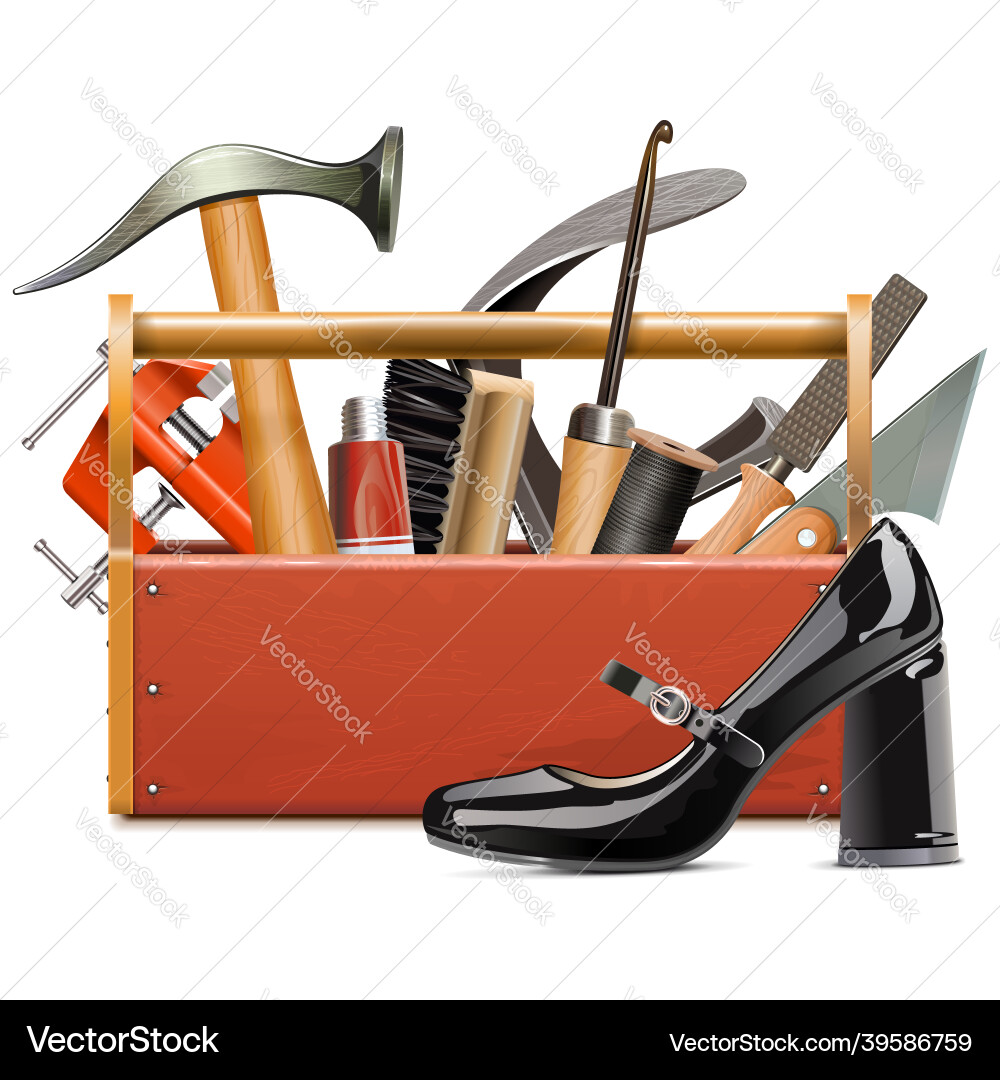 Cobbler toolbox with female black shoe vector image