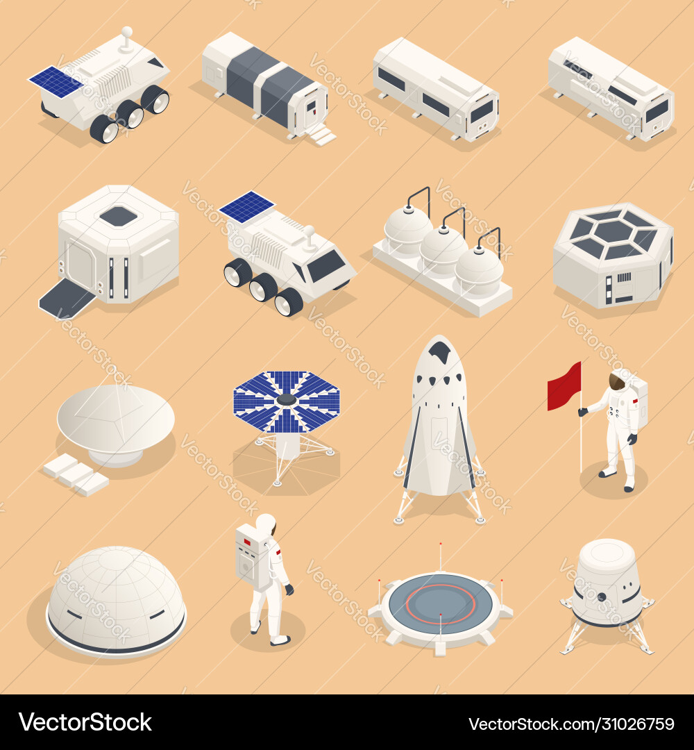 Isometric set icons space equipment vector image