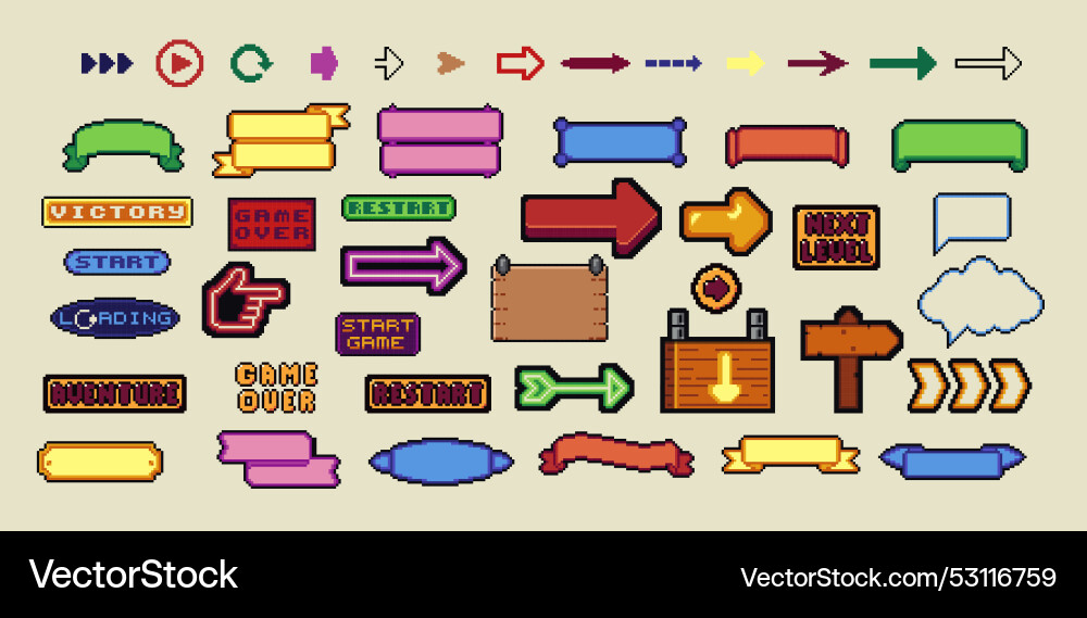 Pixel art frames retro 8 bit buttons arrows Pixel art frames retro 8 bit buttons arrows vector image