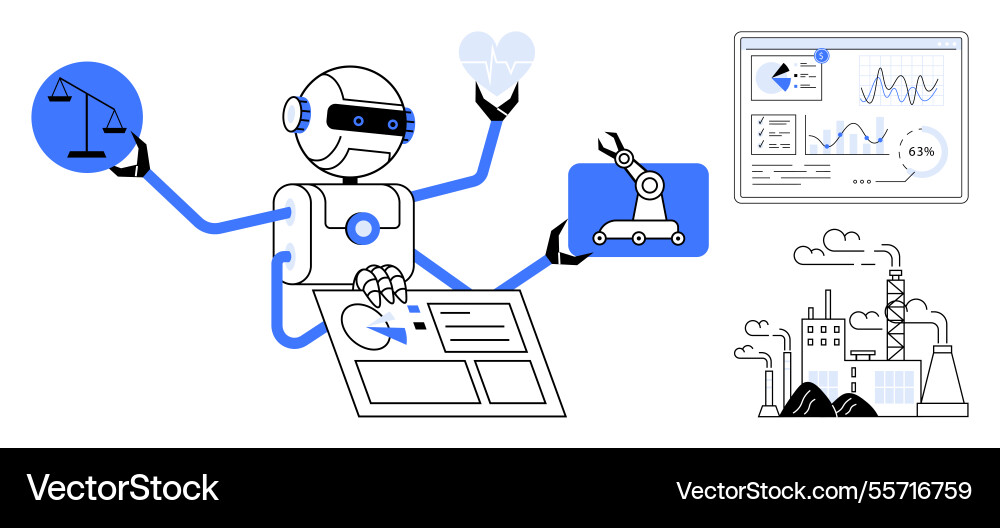 Roboter-Multitasking mit Datenanalyseautomatisierung Vektorbild