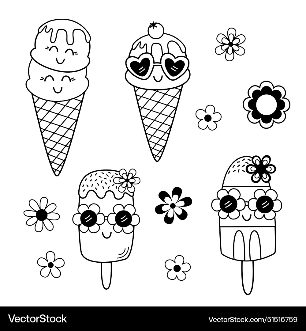 Set of isolated black and white cute ice cream Set of isolated black and white cute ice cream vector image