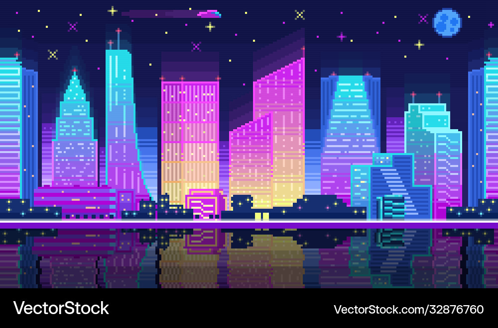 Night time cityscape neon pixel background Night time cityscape neon pixel background vector image