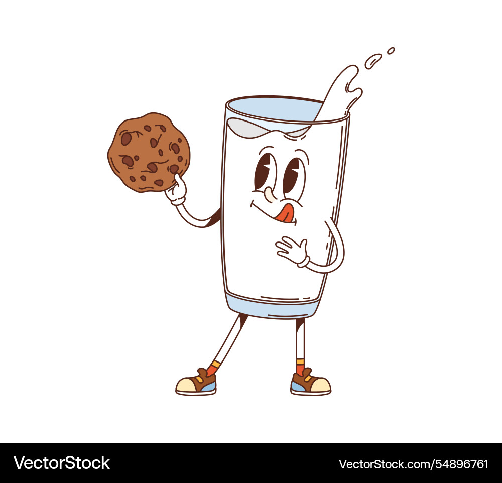 Groovy cartoon milk glass with cookie character Groovy cartoon milk glass with cookie character vector image