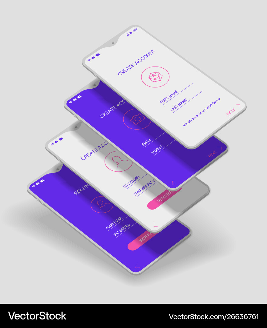 Mobile app ui sign in and up screens 3d Vector Image