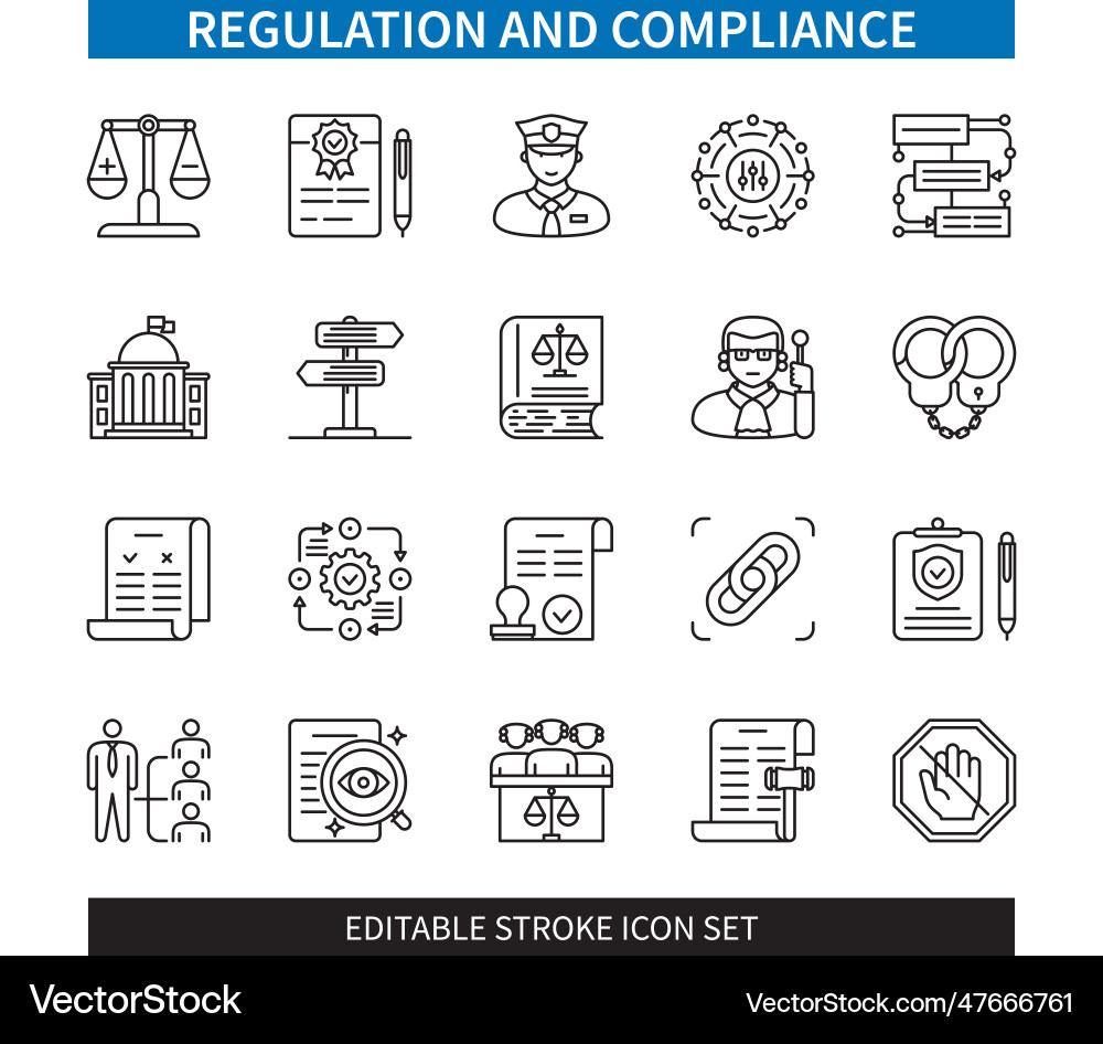Regulation and compliance editable stroke icon set Regulation and compliance editable stroke icon set vector image