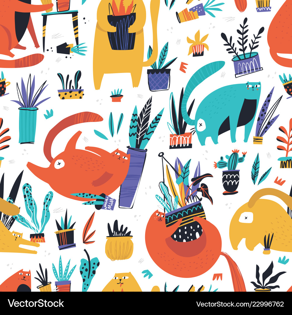 Naughty Cats with Plants Vector Image